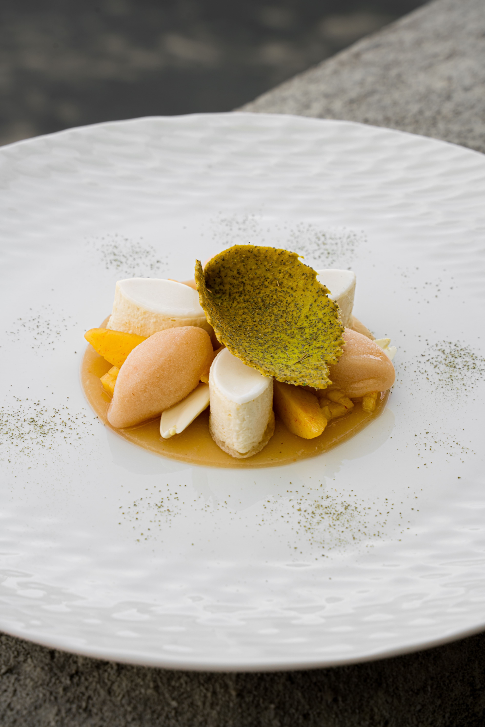 Peach ‘on a Provençal cloud’, verbena crisp