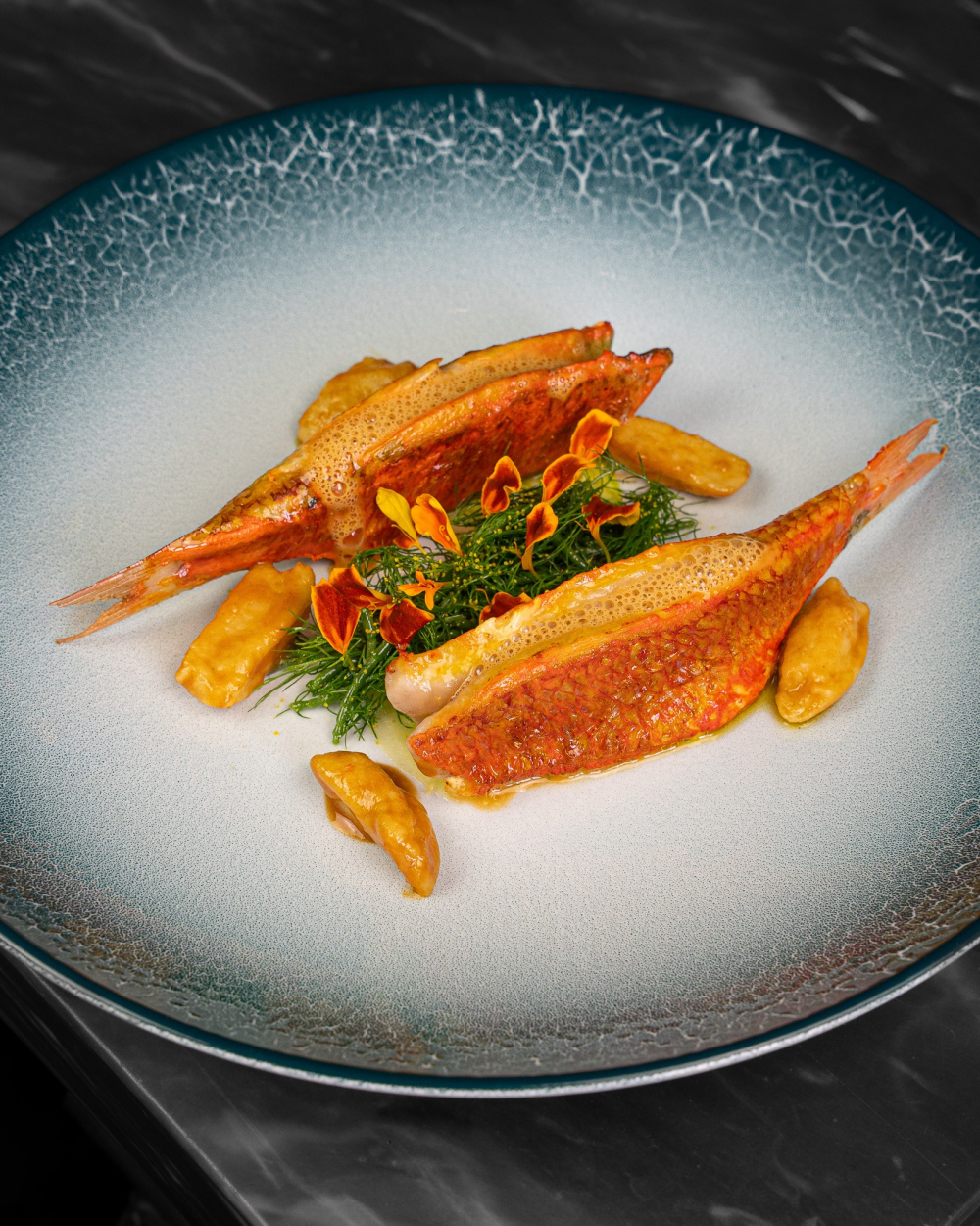 Roasted red mullet ‘swimming in the sea’, Léonie’s little gnocchi, mullet liver