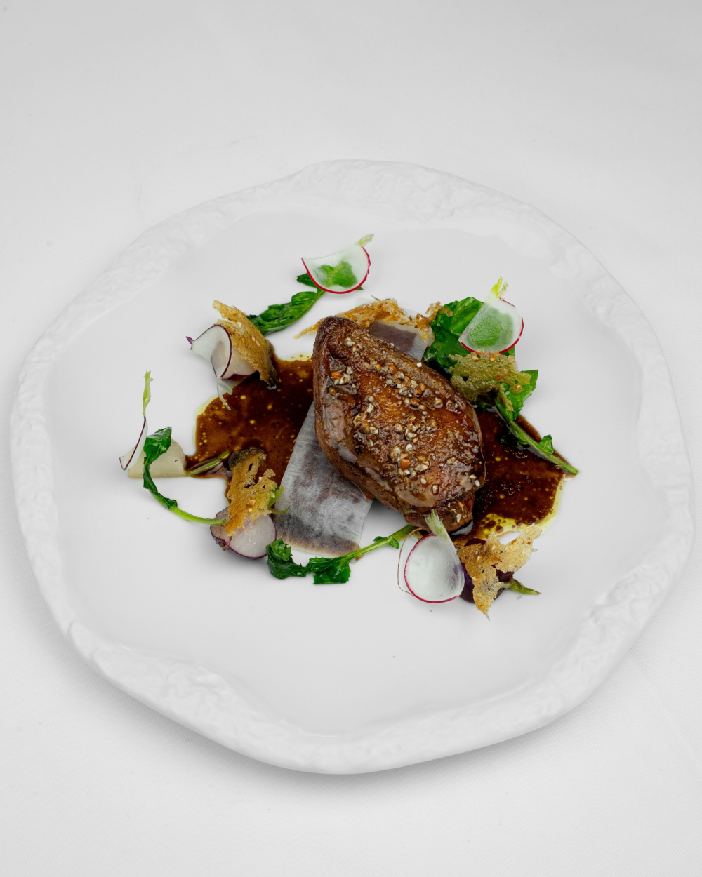 Pigeon, root vegetables, buckwheat, pigeon jus €195